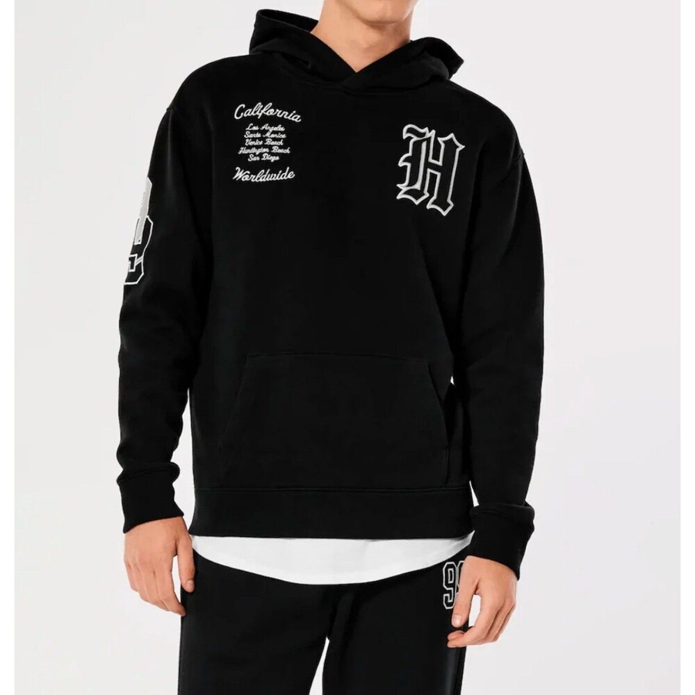 Hollister Black California Worldwide Graphic Logo Pullover Hoodie Men’s S